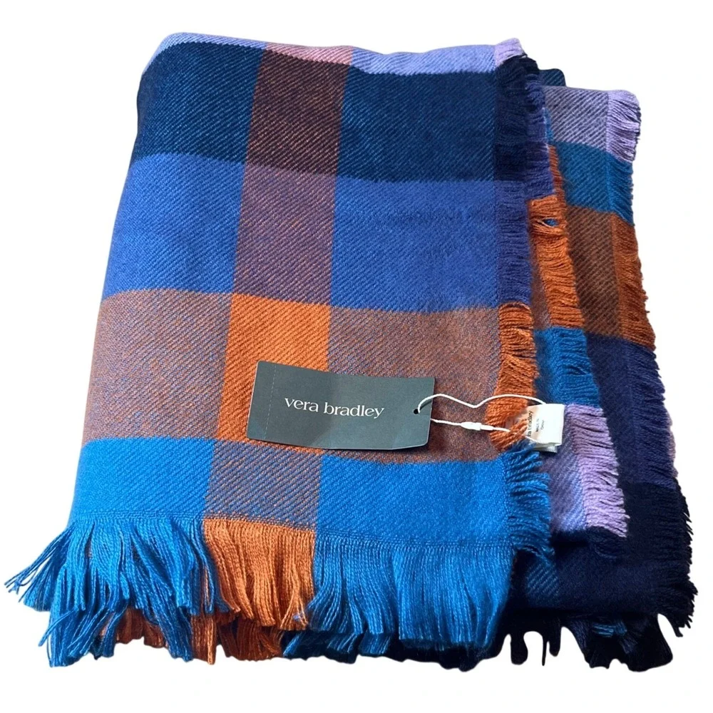 Vera Bradley Blanket Scarf Wrap Plaid Blue Neutral 40